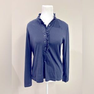 Brooks Brothers Cotton Ruffled Henley Long Sleeve Top- Blue- size Medium